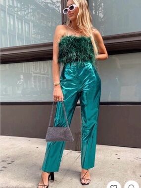 12th tribe metallic High-Waist Pants & feathered tube top